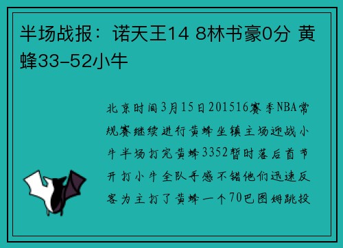 半场战报:诺天王14 8林书豪0分 黄蜂33-52小牛
